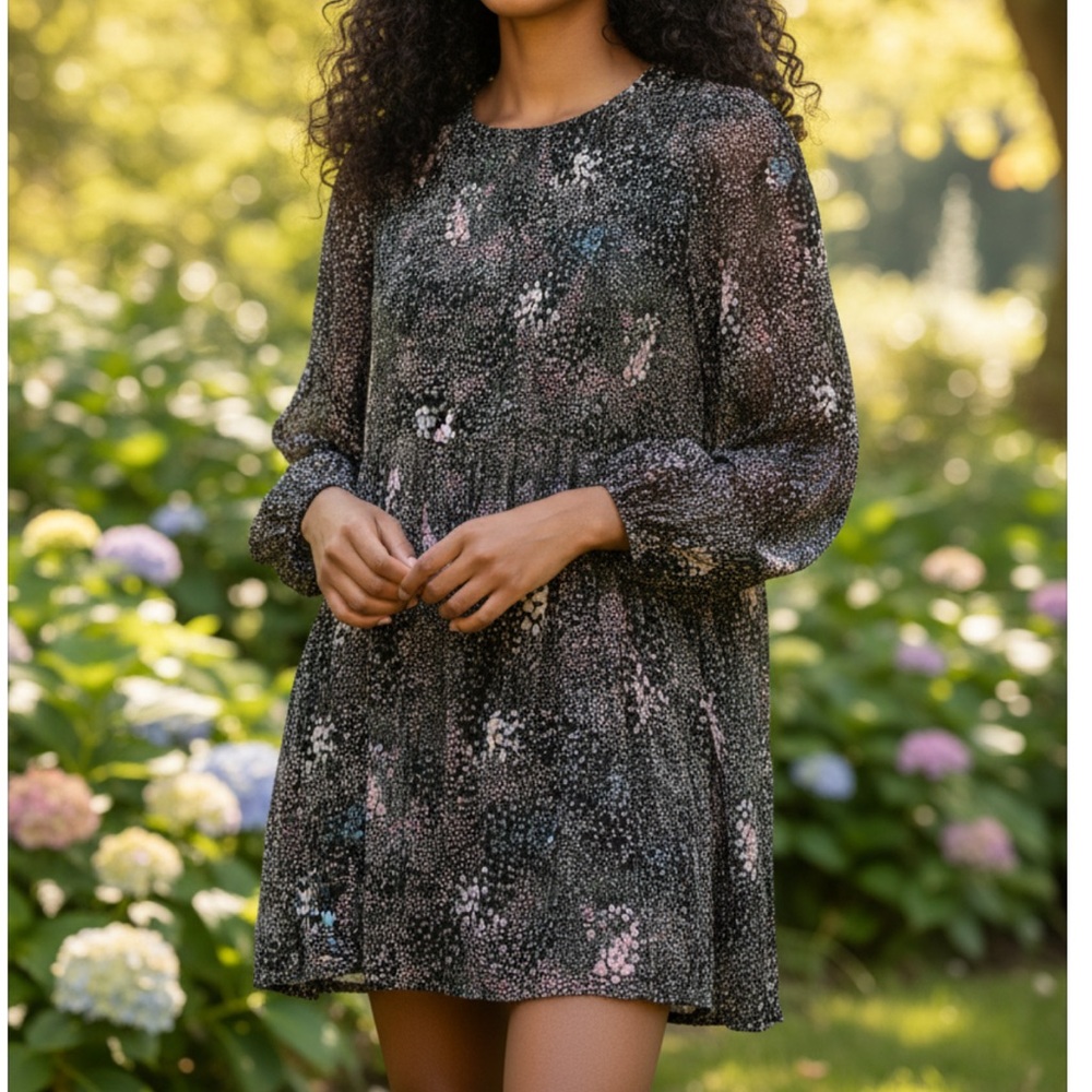 Aritzia Wilfred Black Floral Daydreamer Long Sleeve Pleated Mini Dress XS